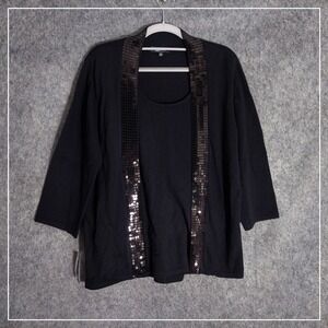 Elementz Woman Cardigan Women 1X‎ Black Sequin Trim Open Front Knit 3/4 Sleeve